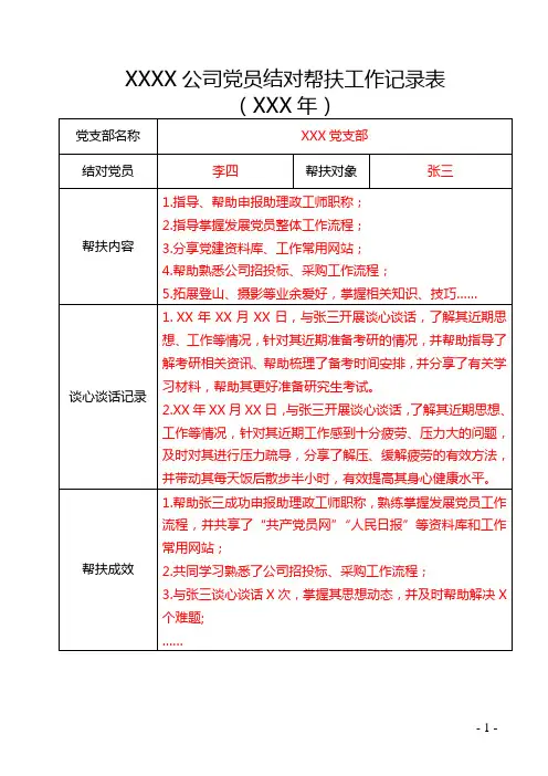 XXXX 公司党员结对帮扶工作记录表