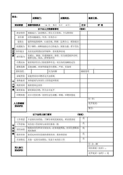 面试评价表(模板-通用)