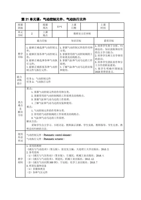 《液压与气动技术》电子教案 第21单元课：气动控制元件、气动执行元件