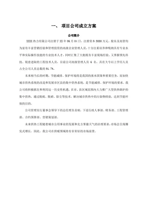 XX县城区集中供热政府和资本合作(PPP)项目采购项目公司成立方案和融资方案及工程技术方案