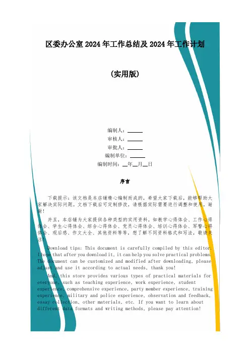 区委办公室2024年工作总结及2024年工作计划
