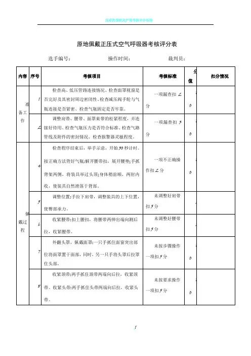 原地佩戴正压式空气呼吸器考核评分表