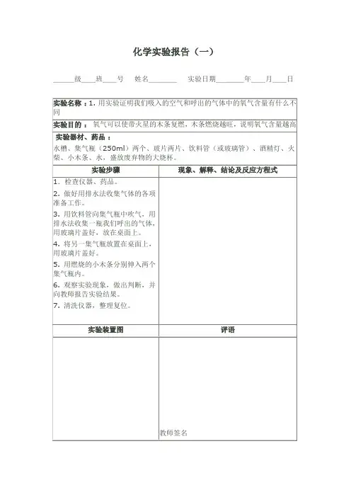 化学实验报告单模板 2