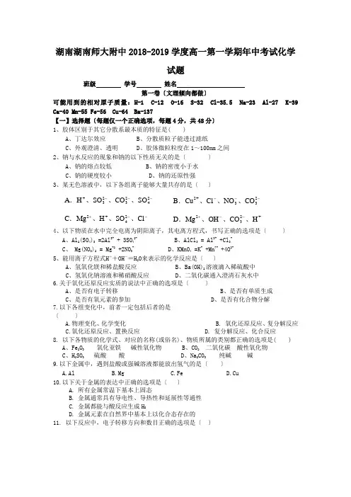 湖南湖南师大附中2018-2019学度高一第一学期年中考试化学试题