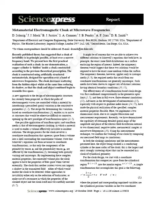 Metamaterial Electromagnetic Cloak at Microwave Frequencies