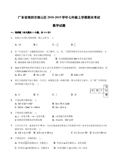 广东省深圳市南山区2018-2019学年七年级上学期期末考试数学试题含答案