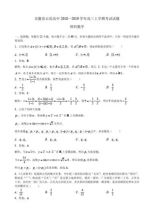 安徽省示范高中2018—2019学年高三上学期考试试题 理科数学(解析版)