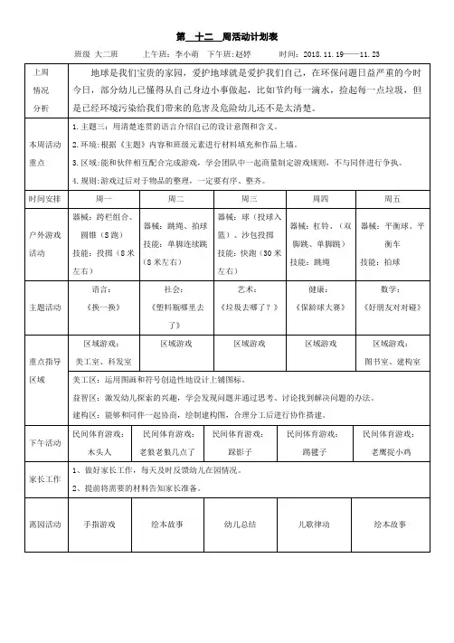 [幼儿教师]11月第12周 周计划