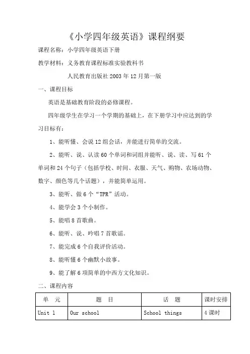 小学四年级下册英语课程纲要