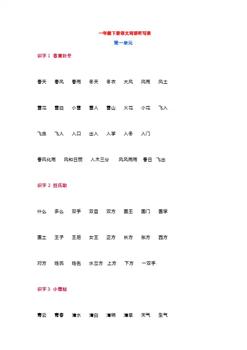 小学一年级下册语文各单元词语听写表