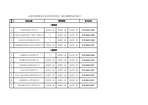 云南省电力承装修试企业企业名单(截止2013年12月31日)