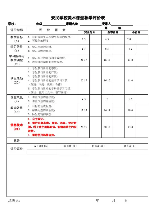 美术课堂教学评价表
