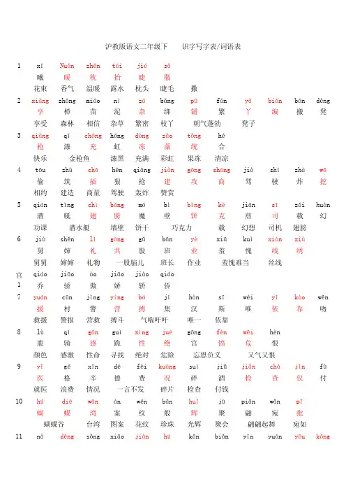 沪版二年级下生字表和词语表 (打印版)