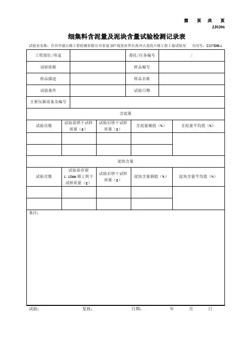 细集料含泥量及泥块含量试验检测记录表