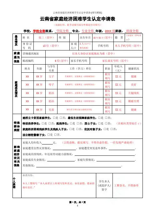 云南省家庭经济困难学生认定申请表-(填写模板)