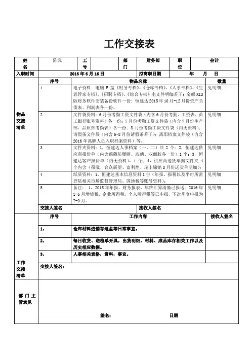 工作交接表模板 2