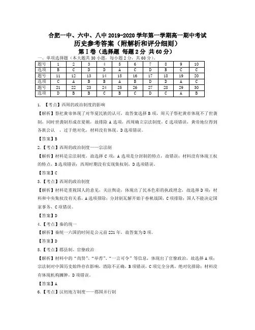 合肥一中、六中、八中2019-2020学年第一学期高一上册期中考试历史答案