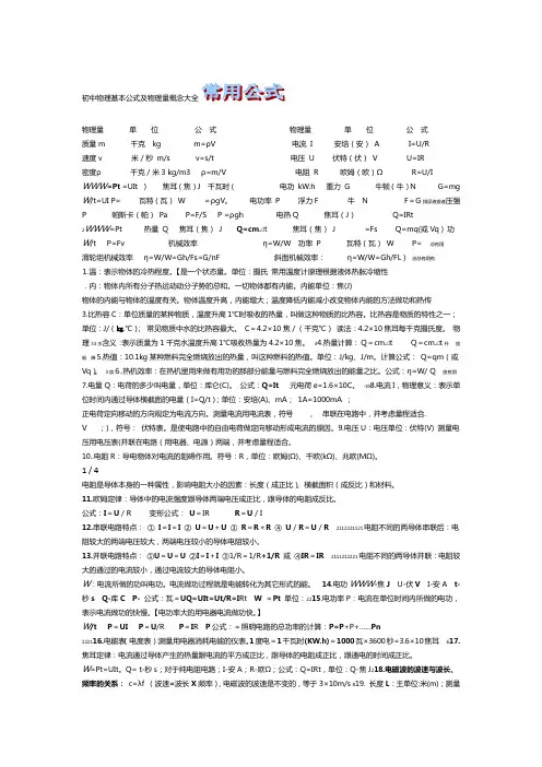 初中物理公式及物理量概念大全 2