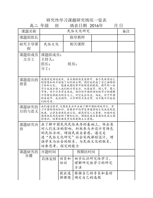 研究性学习课题研究情况一    览表