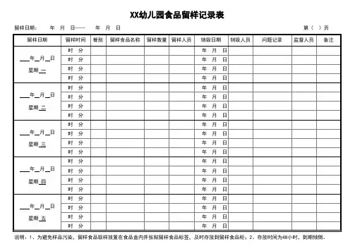 幼儿园食品留样记录表(一周一张)