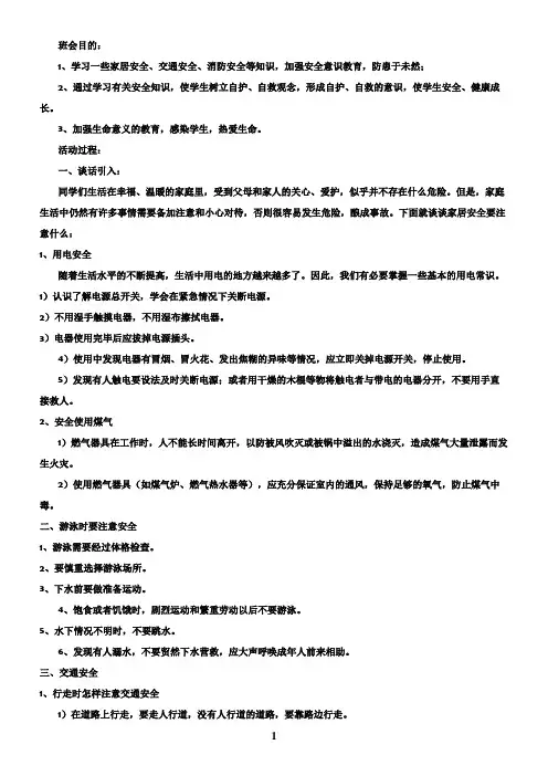 《珍爱生命-安全第一》主题班会活动方案 2