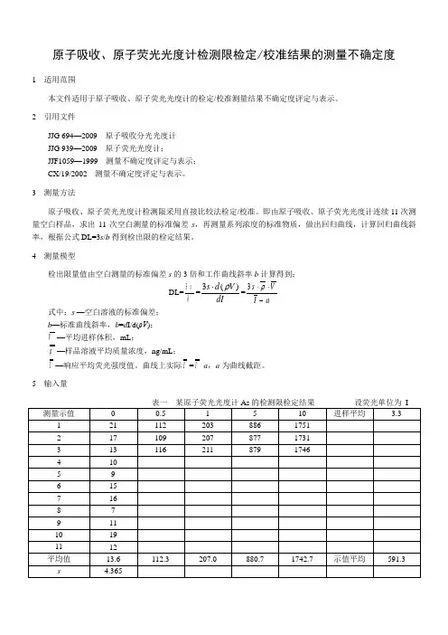原子吸收、原子荧光光度计检测限检定校准结果的测量不确定度