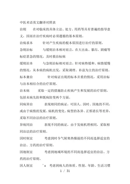 中医术语英文翻译对照表