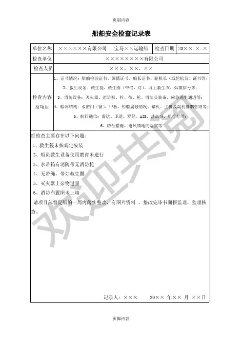 船舶安全检查记录表格模板(模板填写)