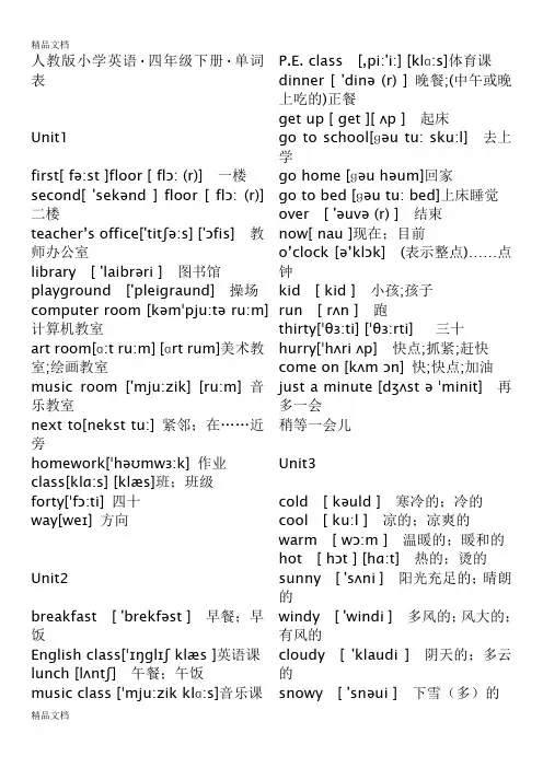 最新人教版pep小学英语四年级下册单词表(带音标)