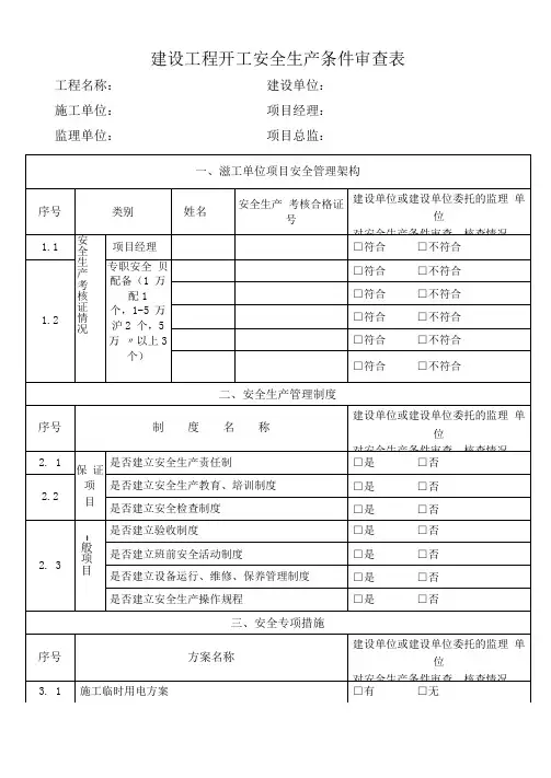 建设工程开工安全生产条件审查表