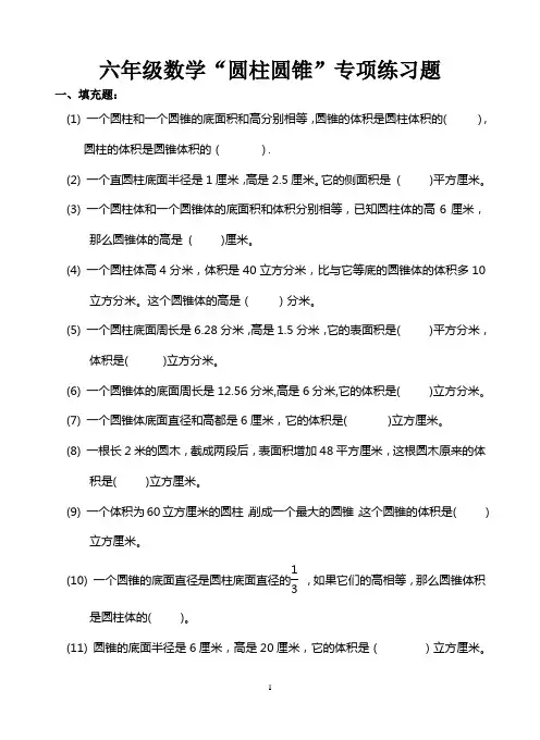 六年级数学圆柱与圆锥的专项练习题
