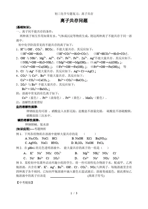 初三化学专题复习离子共存