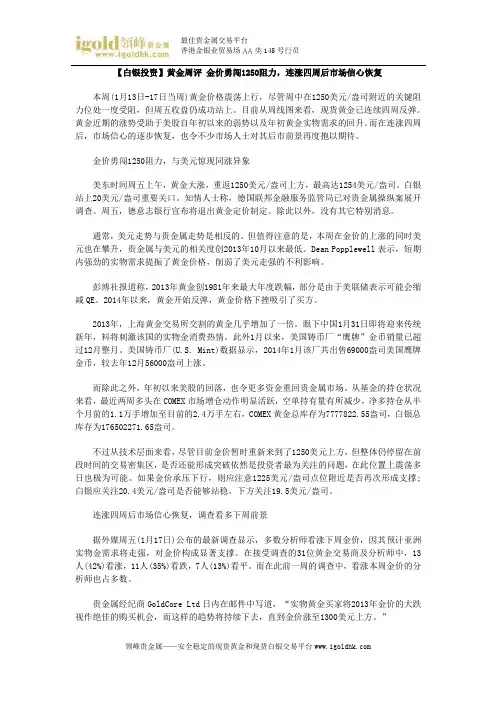 【白银投资】金价勇闯1250阻力,连涨四周后市场信心恢复