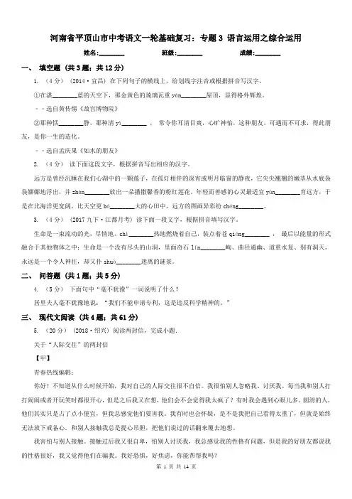 河南省平顶山市中考语文一轮基础复习：专题3 语言运用之综合运用