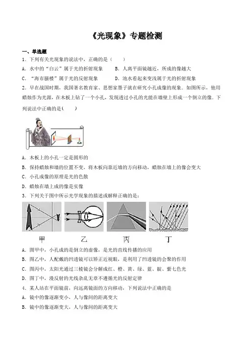 人教版初中物理2020中考复习专题《光现象》专题检测(含答案)