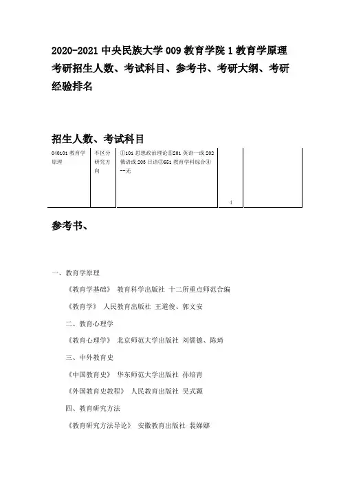2020-2021中央民族大学教育学院1教育学原理考研招生人数、考试科目、参考书、考研大纲、考研经验排名