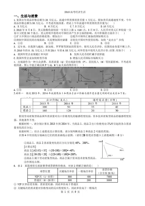 2015全国政治高考真题——经济部分