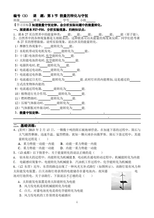 2013人教版初三物理能量转化和守恒学案
