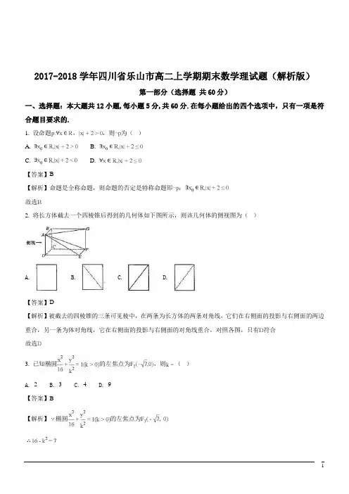 2017-2018学年四川省乐山市高二上学期期末数学理试题(解析版)