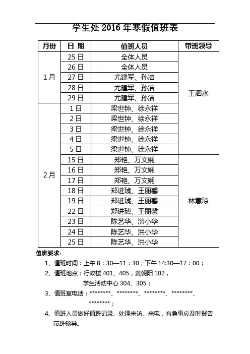 学生处2016年寒假值班表【模板】