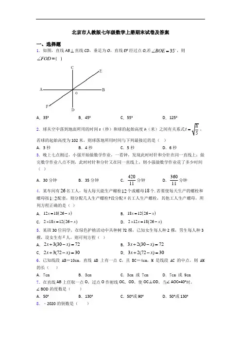 北京市人教版七年级数学上册期末试卷及答案