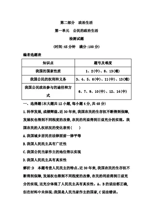 2015年高考政治 第二部分 第一单元《公民的政治生活》检测试题
