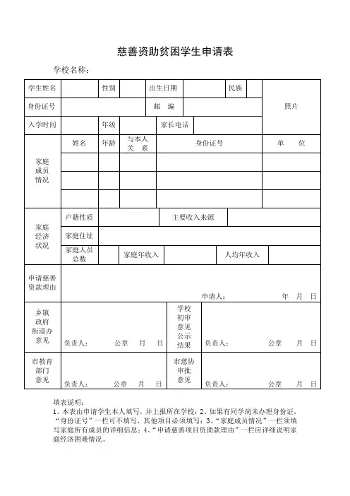 慈善资助贫困学生申请表