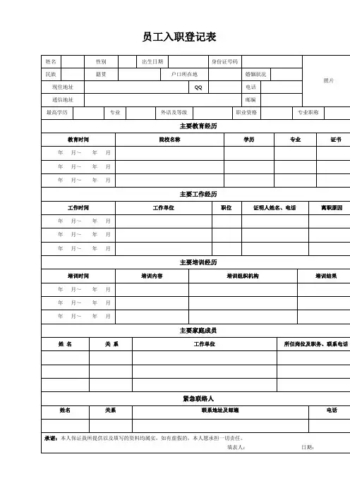 员工入职登记表经典范本1