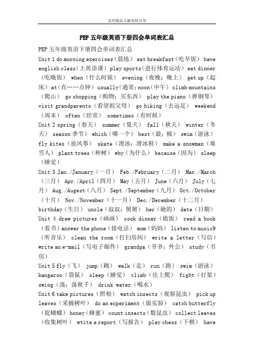 PEP五年级英语下册四会单词表汇总