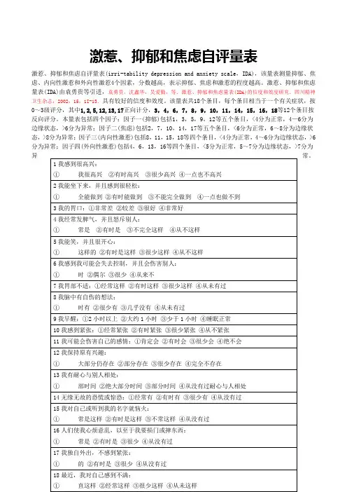 激惹、抑郁和焦虑自评量表及评分