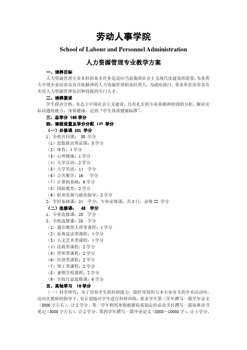 人民大学人力资源管理本科培养计划