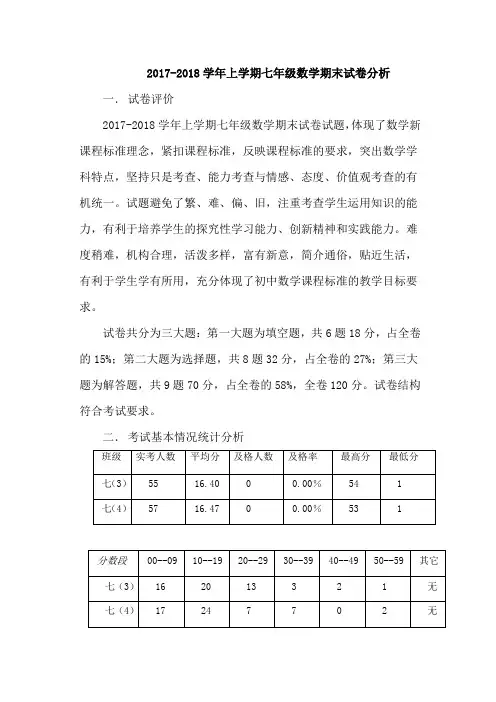 2017--2018学年上学期七年级数学期末试卷分析