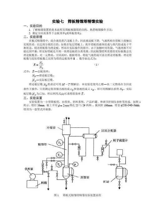 筛板精馏塔精馏实验报告