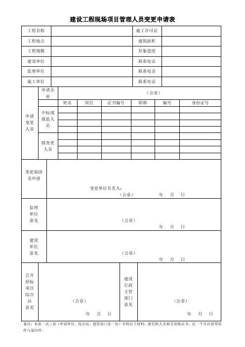 建设工程现场项目管理人员变更申请表